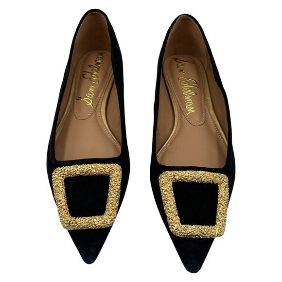 Sam Edelman Nico Gold Tone Buckle Suede Pointed Toe Ballet Flats Shoes Black 6M